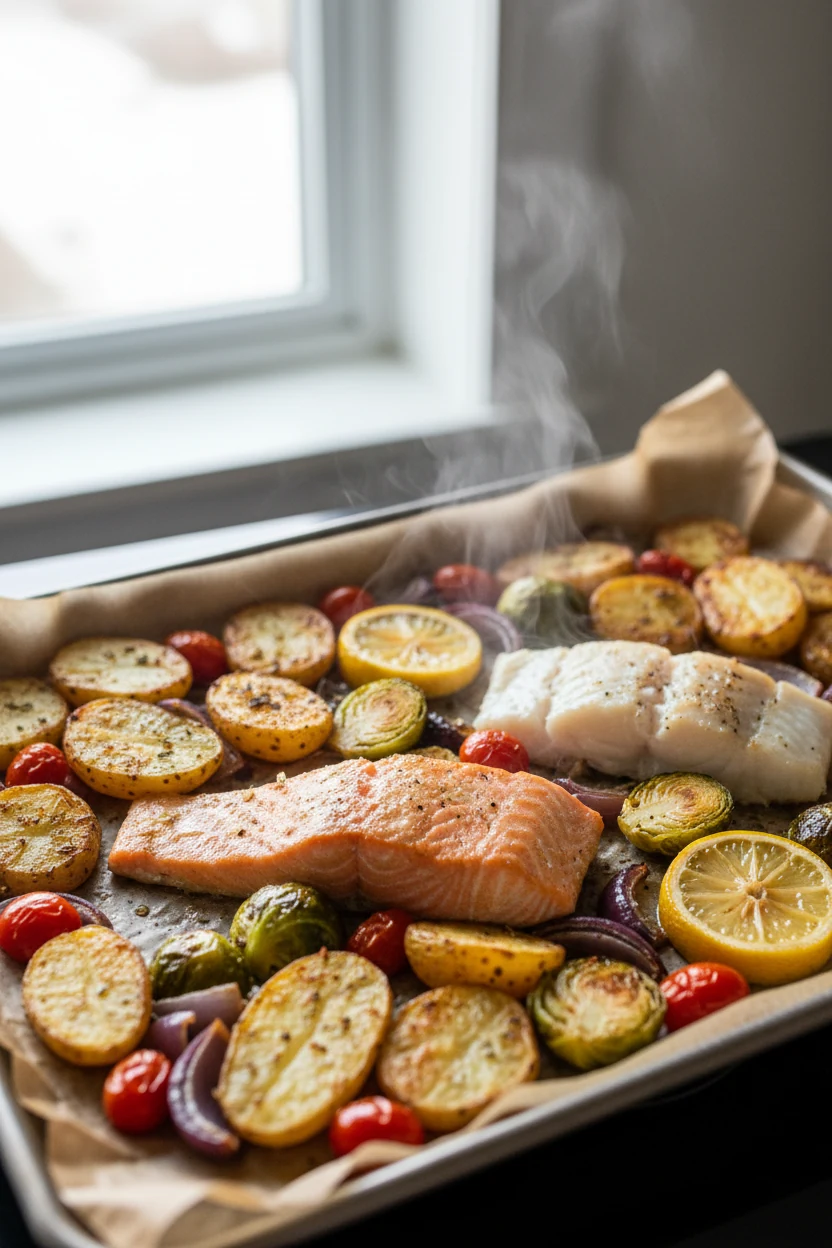Cooking process moment: hot parchment-lined rimmed sheet pan just out of a 425°F oven—potatoes crisped cut-side down, ve