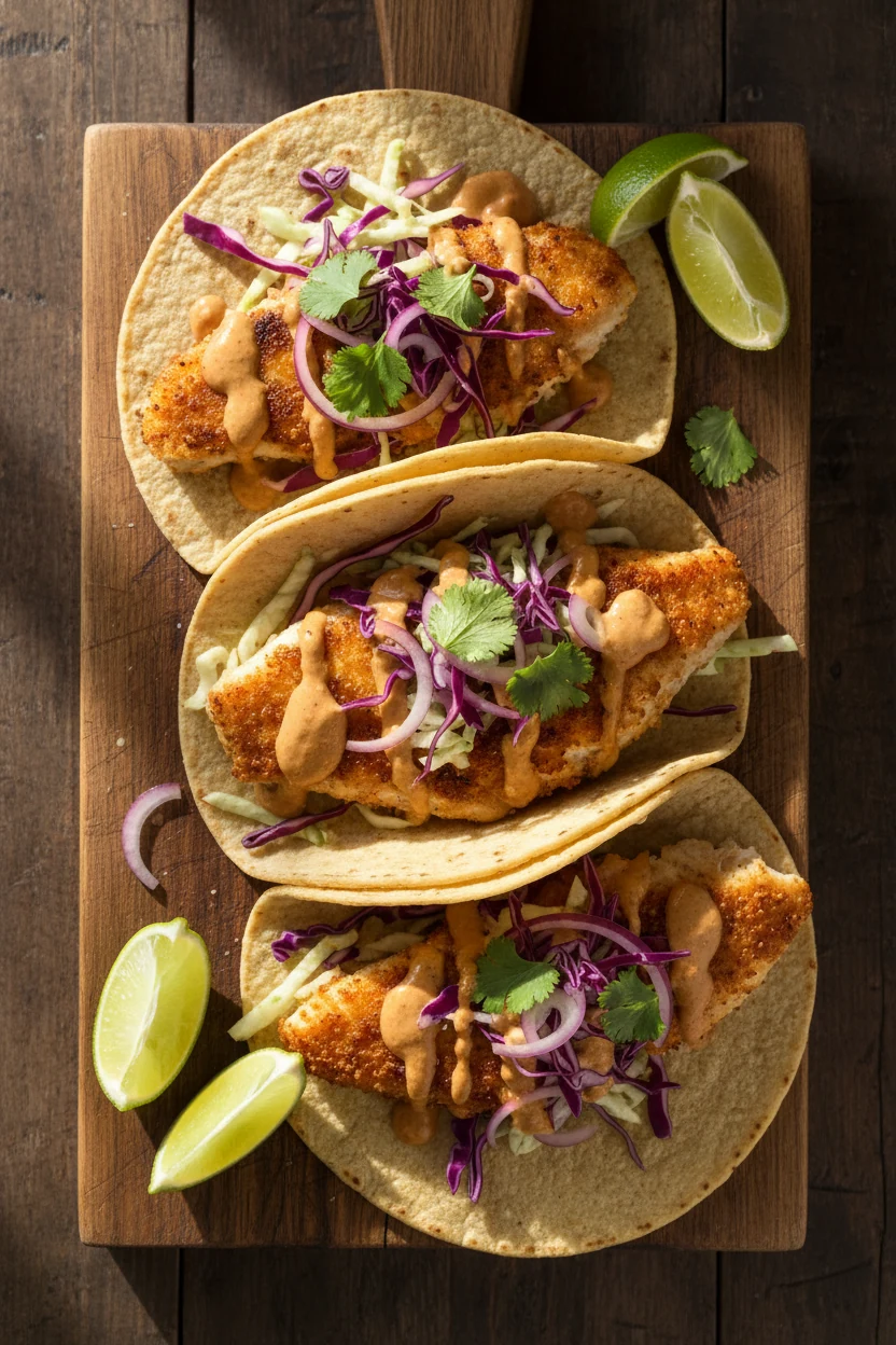 Overhead shot of chili-lime tilapia flaked into warm corn tortillas with crunchy slaw and chipotle crema, lime wedges on