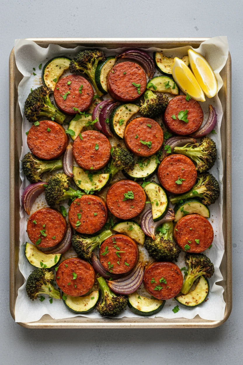 Tasty top view — Sheet-Pan Smoked Sausage and Veggies: overhead shot of paprika-dusted smoked sausage rounds, charred br