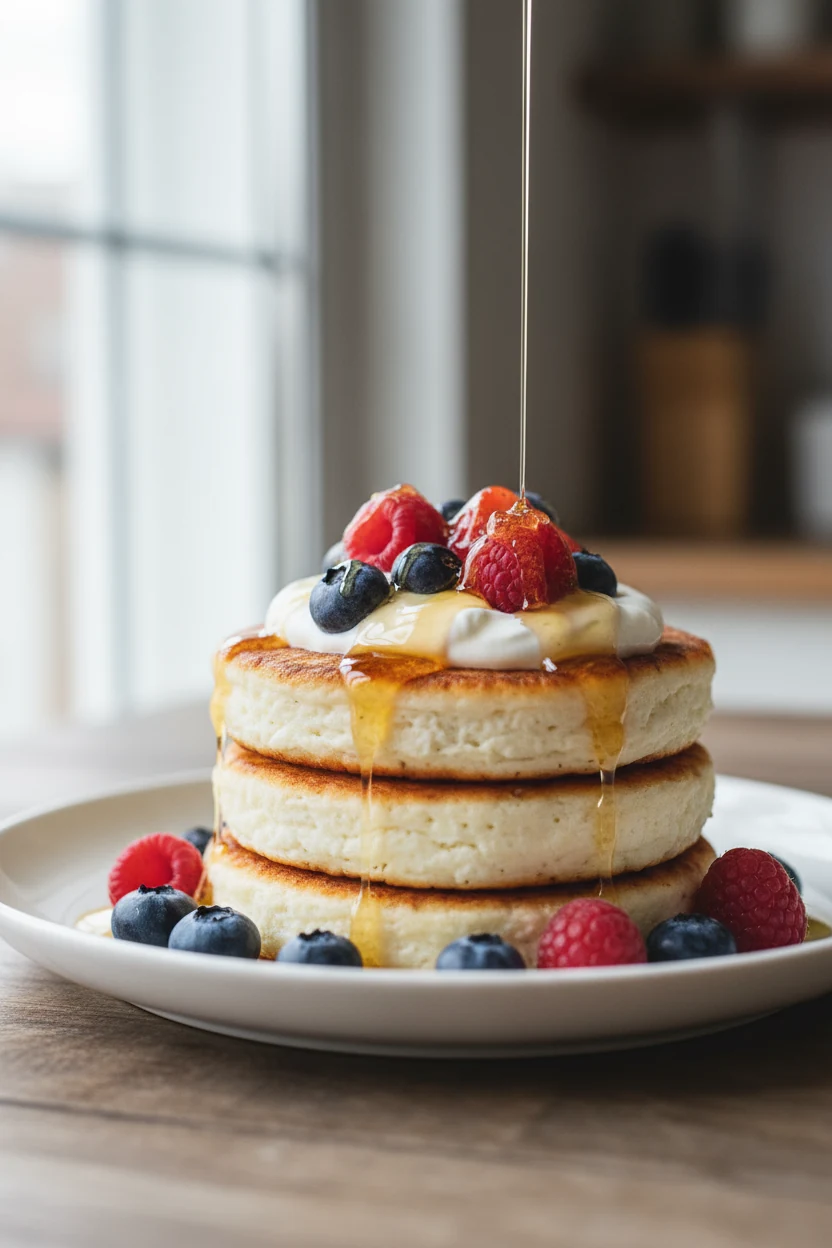 Close-up of Cottage Cheese Pancakes showing crisp golden edges and airy crumb, topped with Greek yogurt and mixed berrie