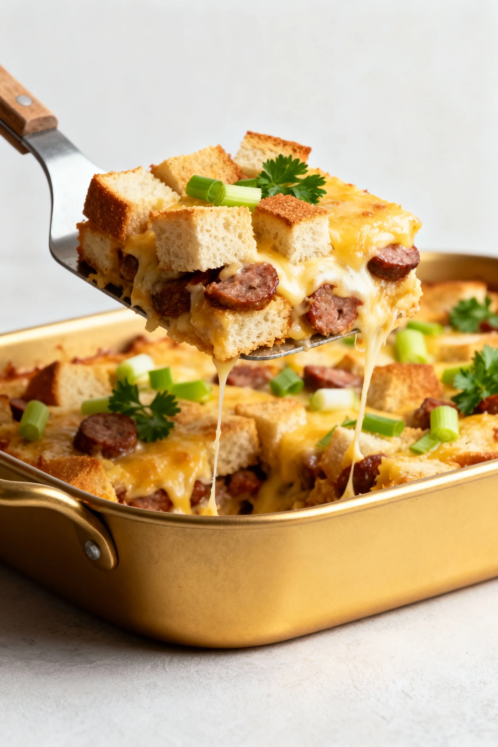 Food photography, Three-quarter angle of a spatula lifting a square from the baked casserole, revealing soaked bread cub