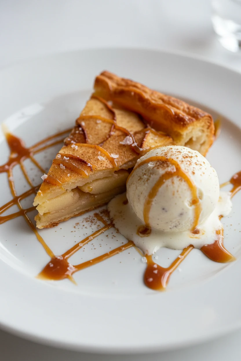 Plated dessert: warm slice of apple puff pastry tart on a white ceramic plate with melting vanilla ice cream, light cinn