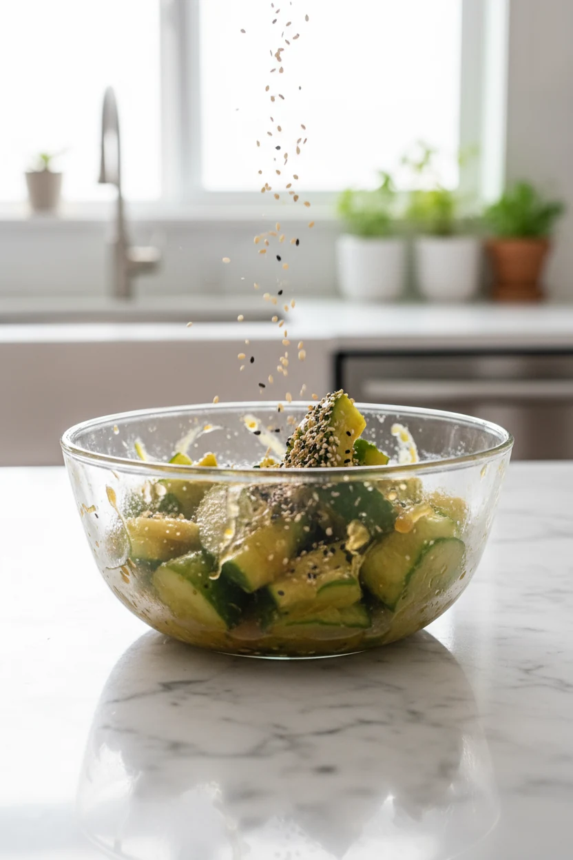 Process shot: smashed cucumbers being tossed in glossy dressing inside a clear glass mixing bowl, sauce pooling in crevi