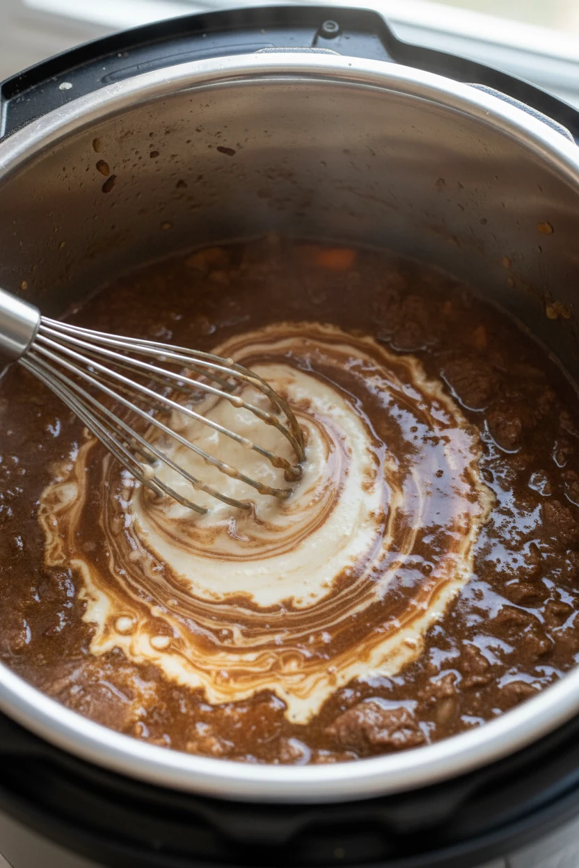 Cooking process shot of thick cornstarch slurry being whisked into bubbling beef broth and meat juices inside the Instan
