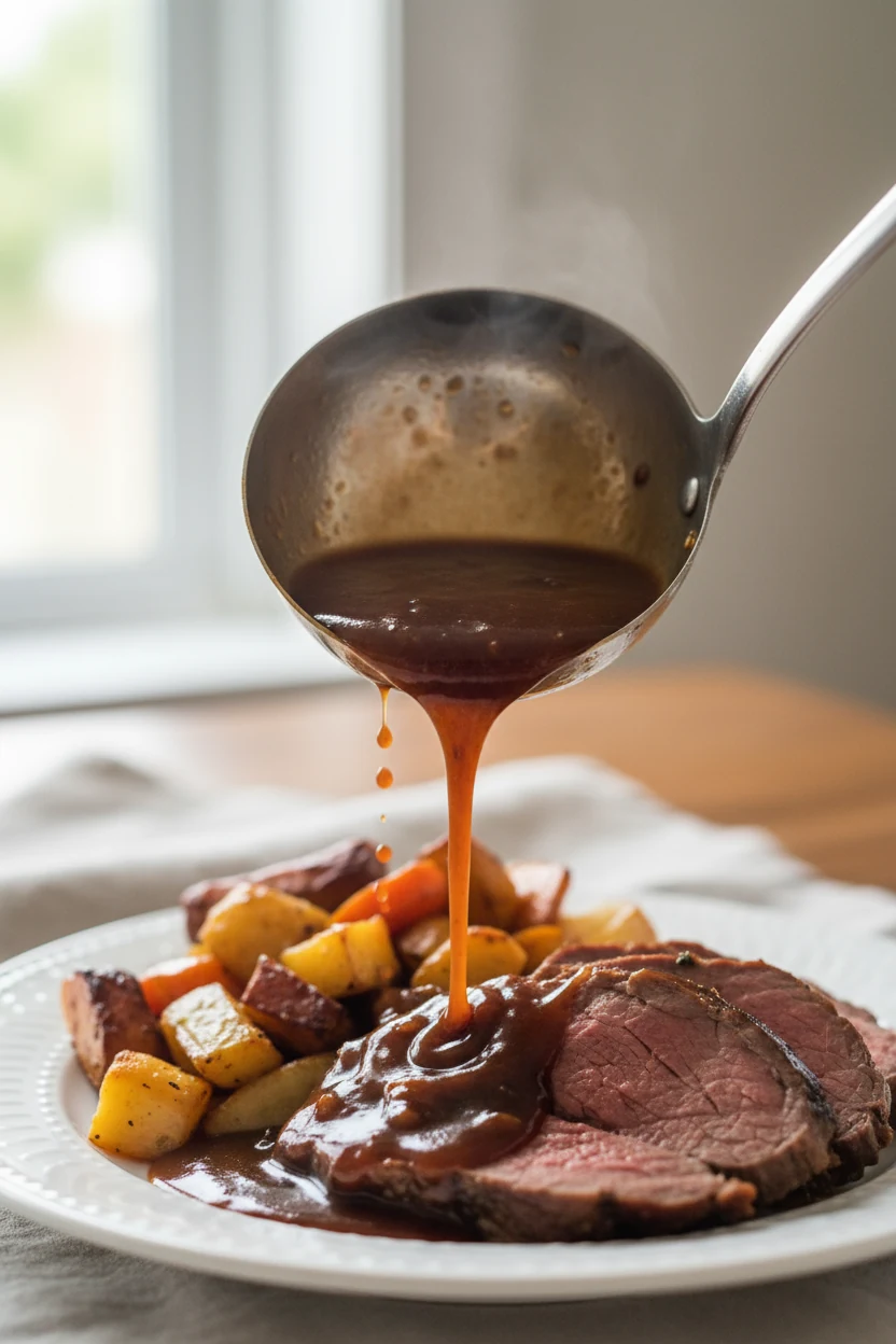 Crockpot ladle scooping rich, glossy beef gravy over the already plated roast and vegetables, capturing the pour in mid-