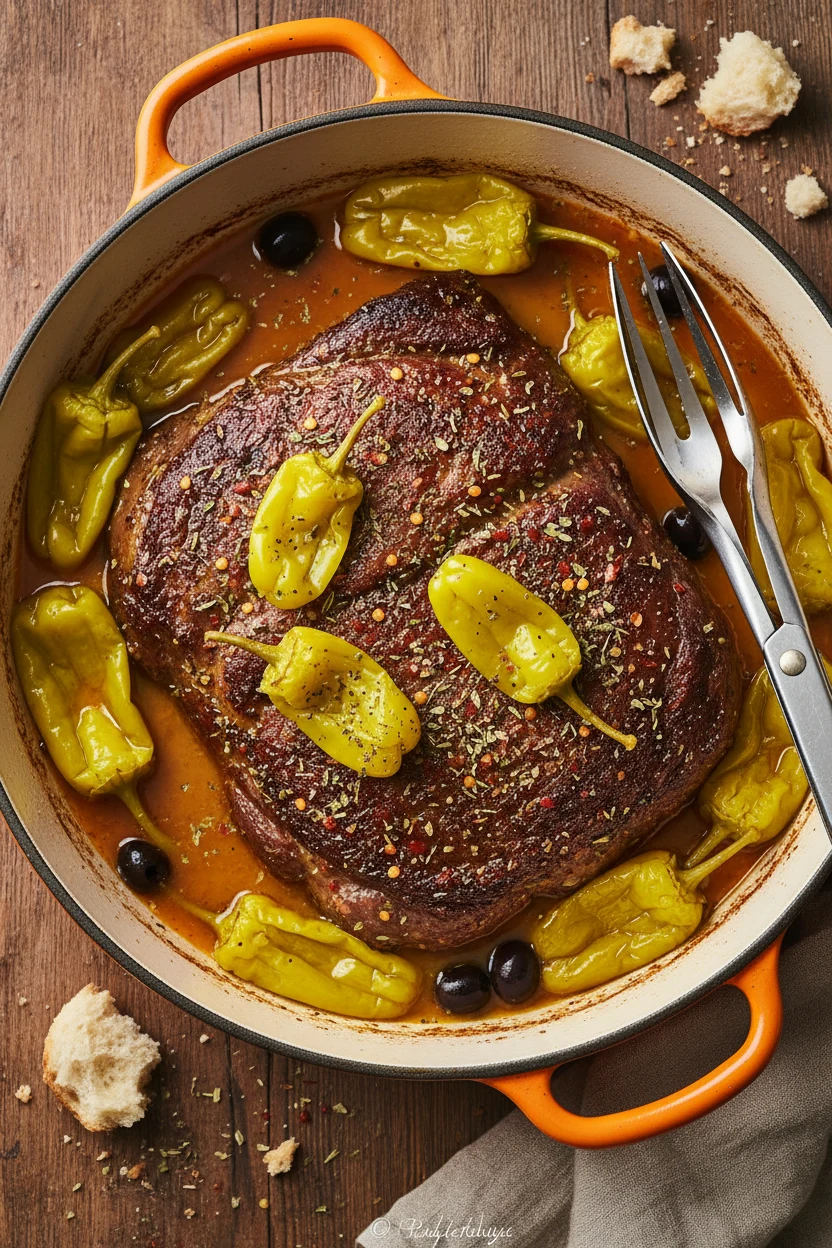 Top-down view of Mississippi chuck roast oven-baked in a roasting dish, bathed in golden broth, pepperoncini and seasoni