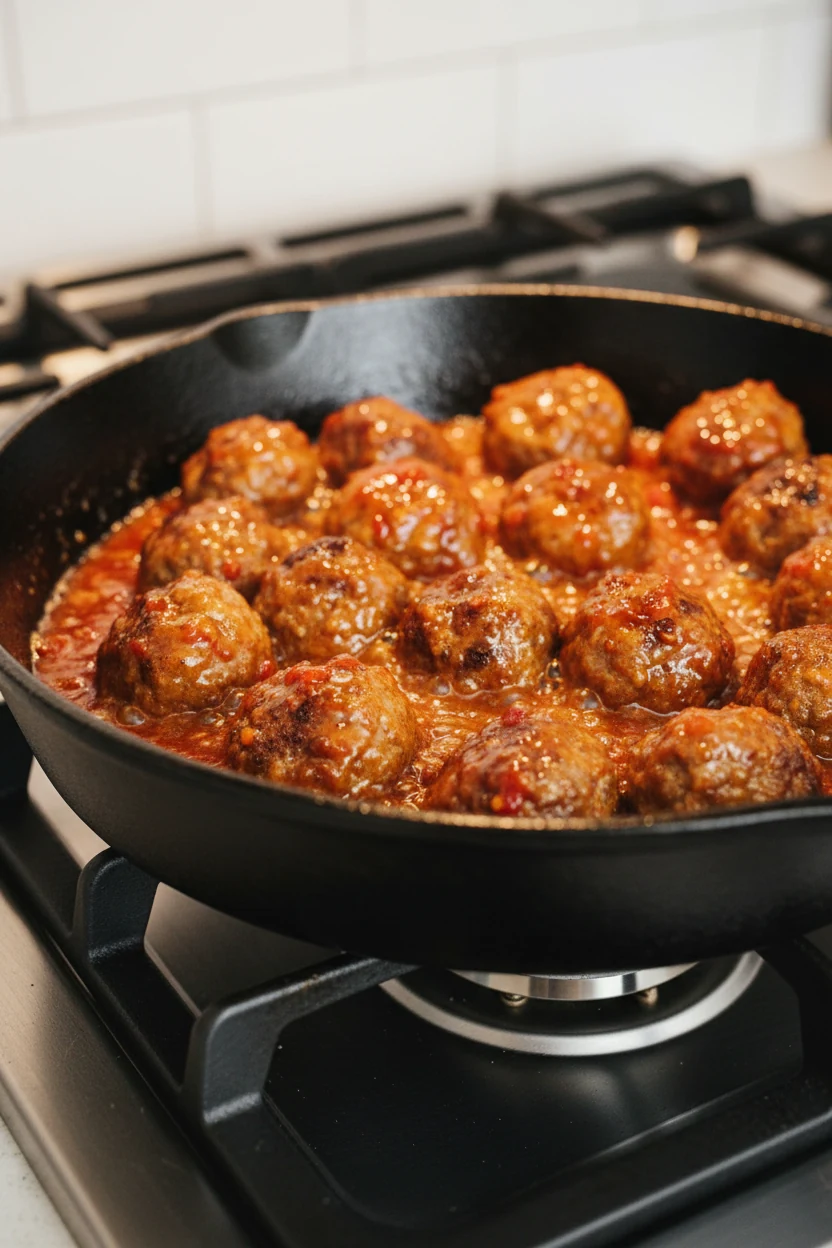 Cooking process shot of bite-sized meatballs sizzling in a pan coated with sweet chili sauce, glossy glaze bubbling arou