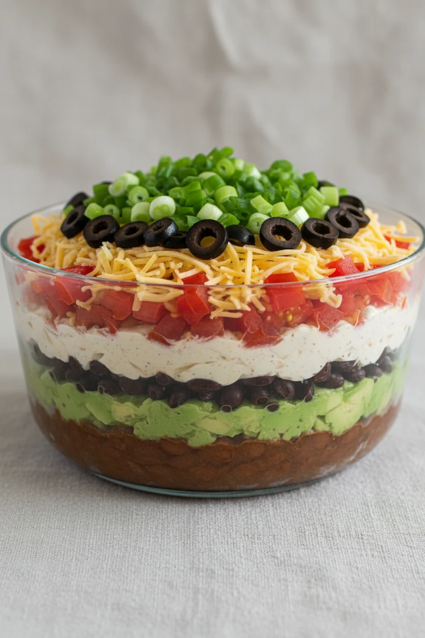 Final presentation shot of vibrant 7-layer dip in a clear glass serving dish revealing distinct colorful strata: refried