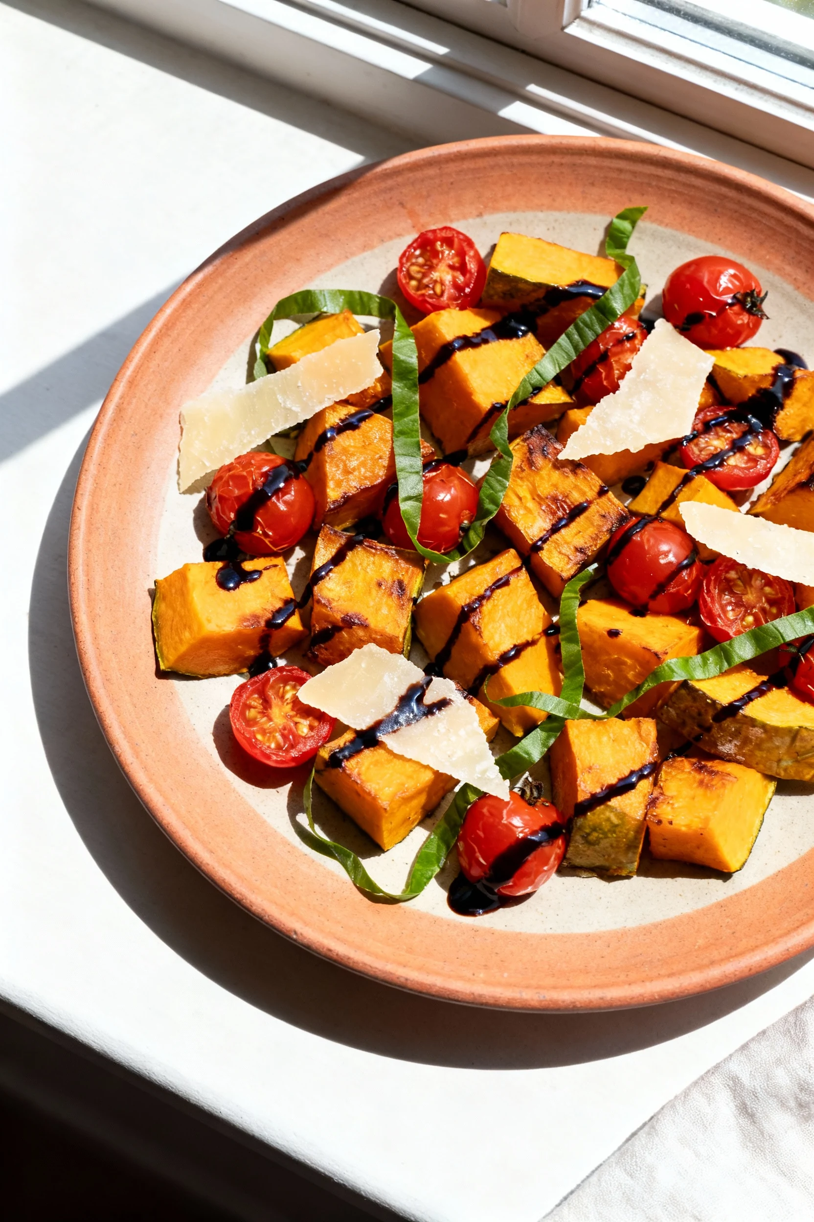 Top-down view of the Italian-ish variation: roasted squash mingled with burst cherry tomatoes, thin balsamic glaze drizz