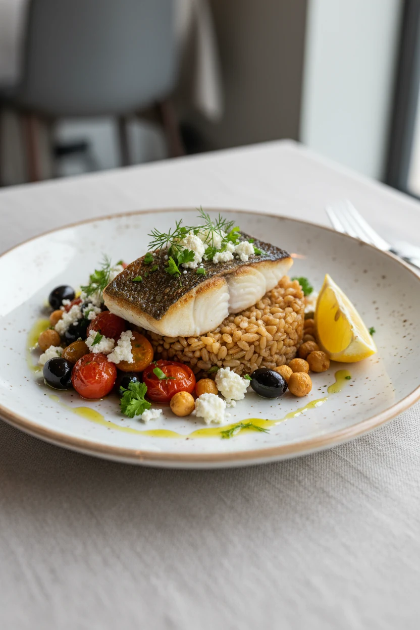 4. Beautifully plated sea bass over warm farro with the roasted tomato–olive–chickpea medley; drizzle of extra-virgin ol