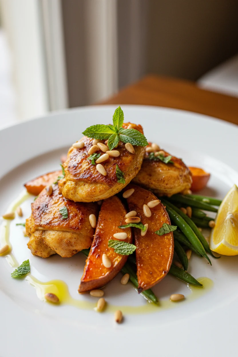 Beautifully plated turmeric-yogurt roasted chicken with caramelized sweet potato and green beans; finished with toasted 