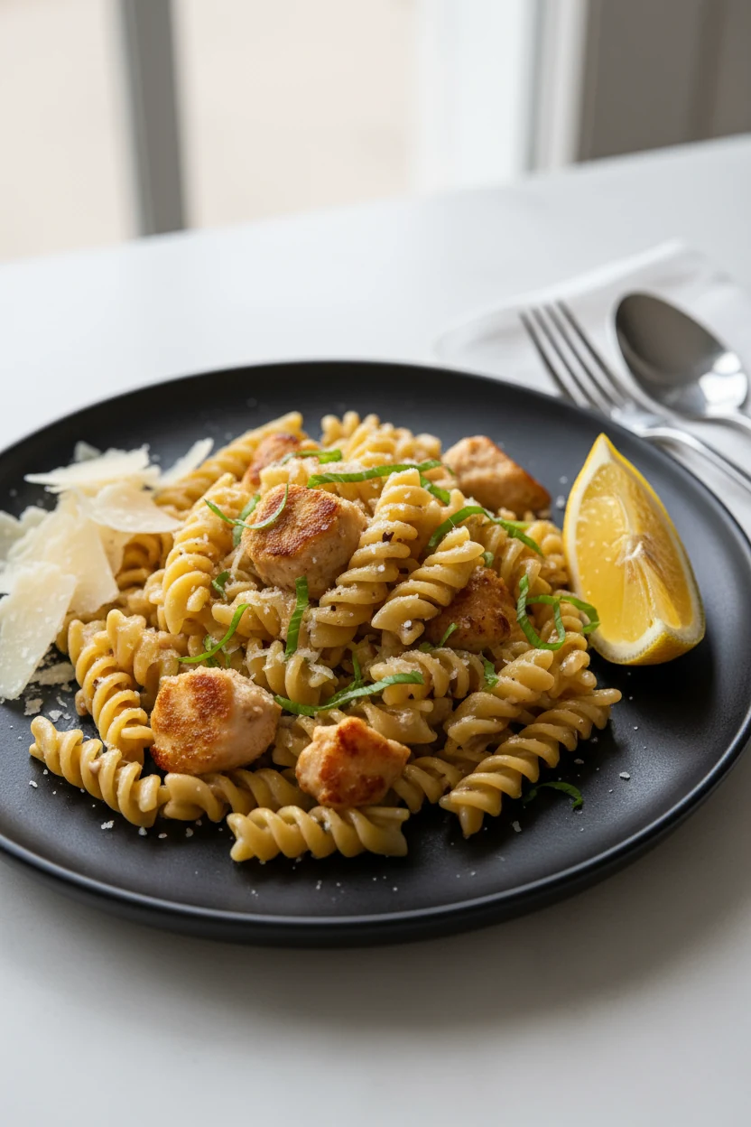 4. Final dish: beautifully plated Tuscan chicken fusilli on a matte black plate, golden chicken bites, silky garlic-Parm