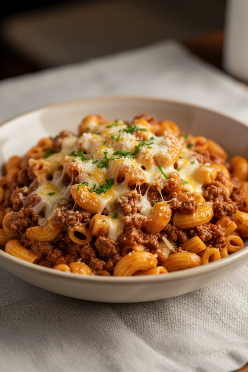 Final dish: beautifully plated bowl of cheesy ground beef pasta, al dente elbows with gooey mozzarella stretch and chedd