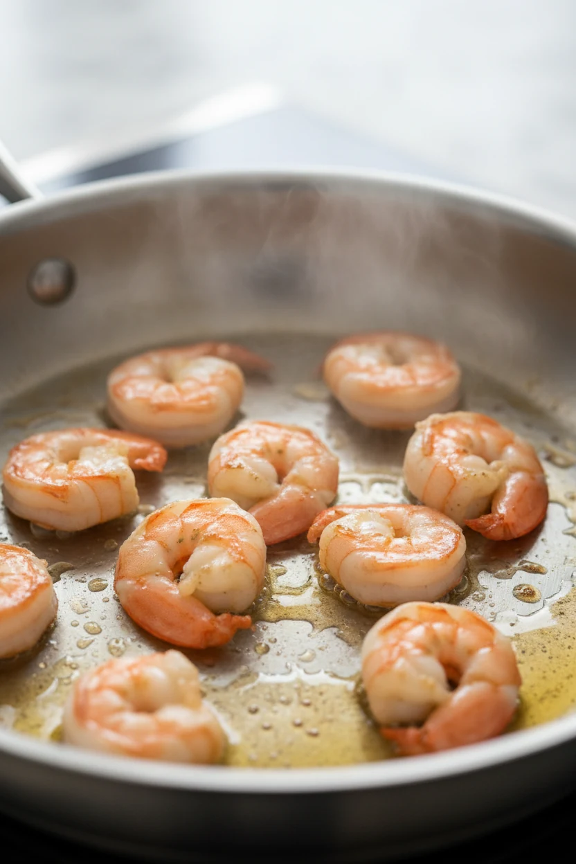 4. Cooking process: shrimp searing in a stainless pan, lightly charred edges and just-opaque centers with a quick sizzle