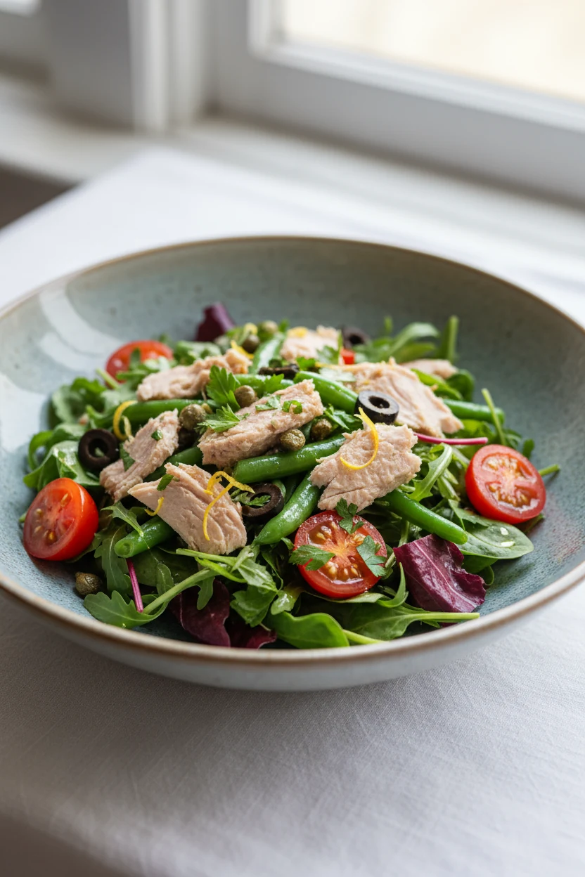 Beautifully plated Niçoise-inspired light tuna salad over mixed greens in a wide ceramic bowl—capers, blanched green bea