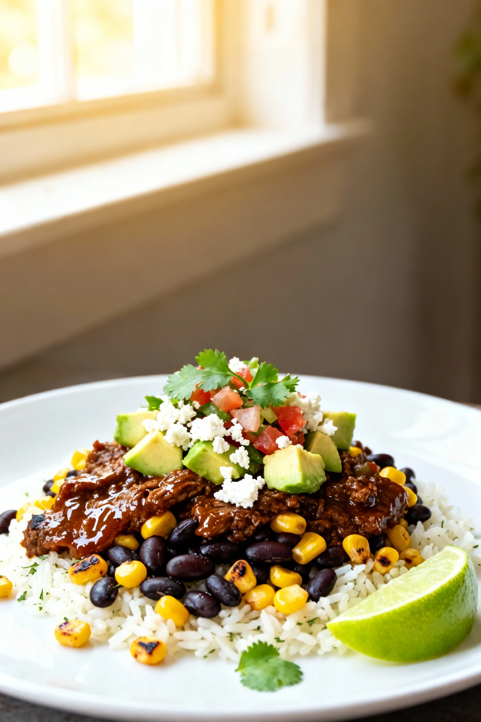Final dish presentation: 45-degree beauty shot of a burrito bowl—cilantro-lime rice topped with glossy reduced taco meat