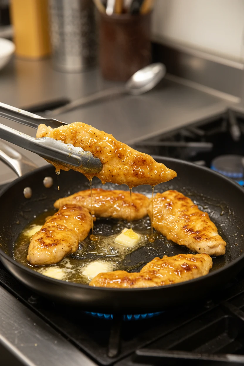 Side-angle close-up of seared chicken tenders being returned to the pan as the honey garlic sauce thickens, butter melti