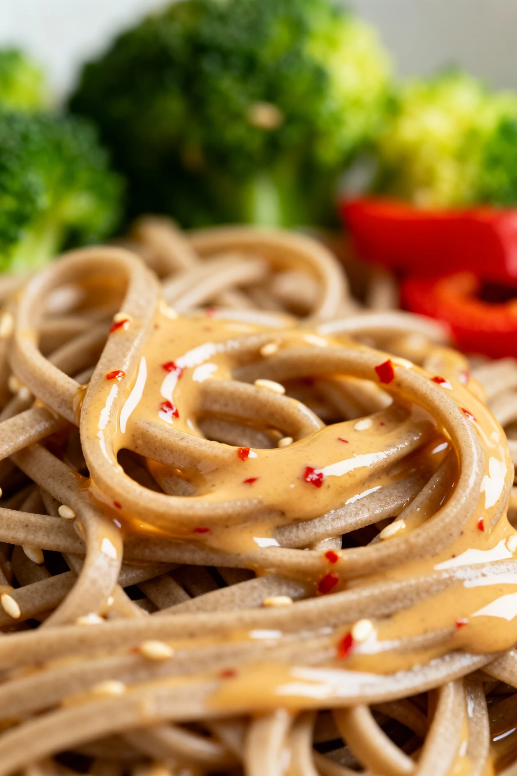 Macro detail: soba strands coated in silky tahini-miso-ginger sauce, sesame oil sheen, chili flecks; emerald broccoli an
