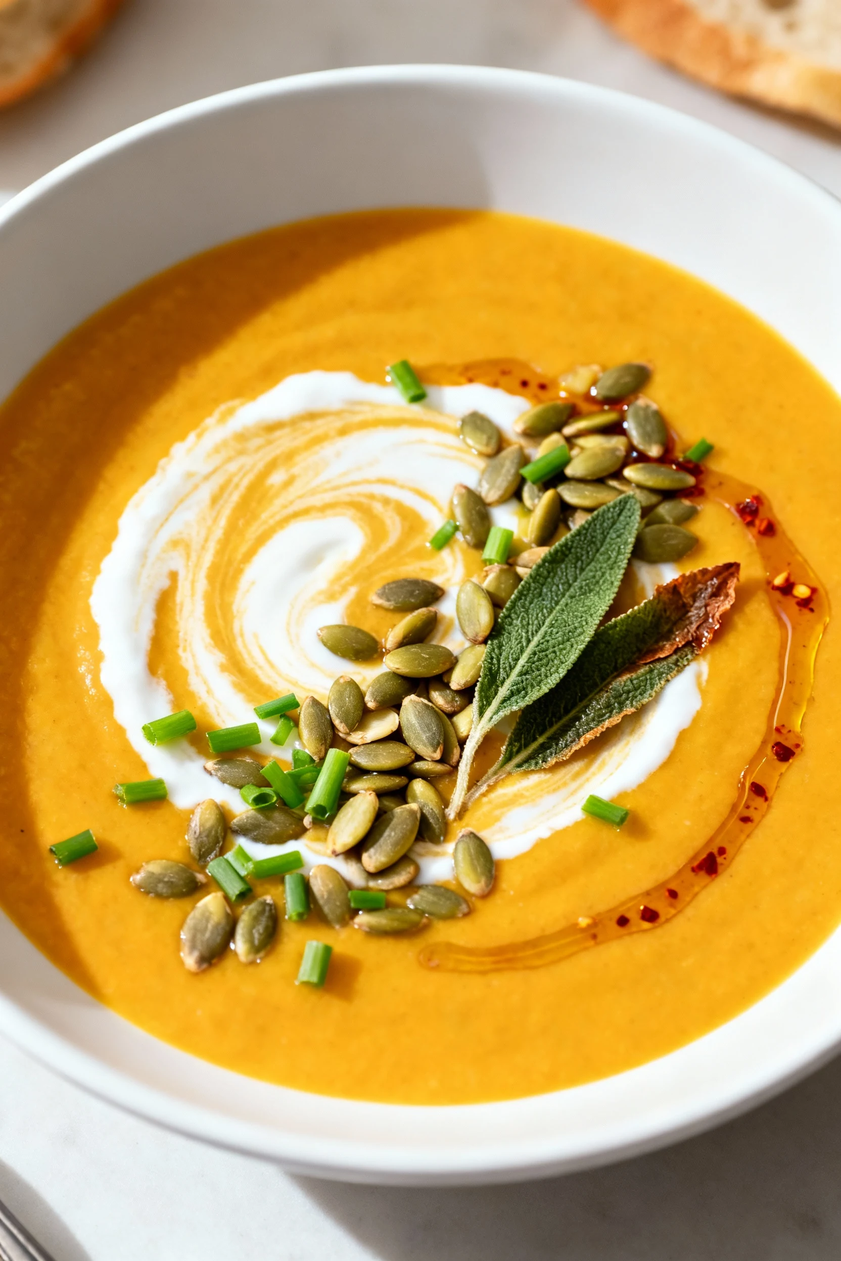 Top-down final bowl: velvety butternut squash soup with a coconut milk swirl, toasted pepitas, chopped chives, crispy sa