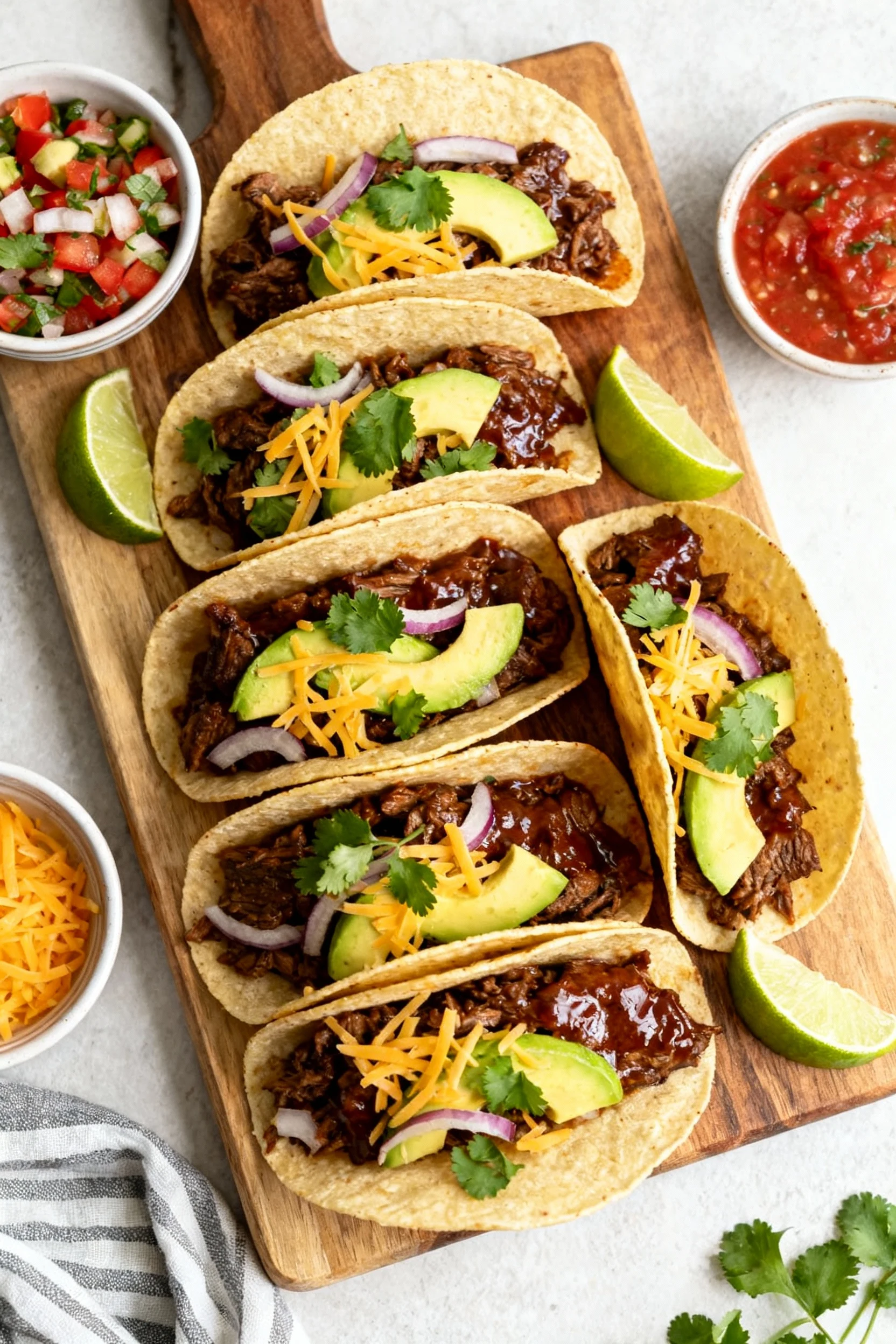 Tasty top view — Overhead taco night spread: a wooden board with 6–8 assembled tacos (corn or flour) filled with glossy 