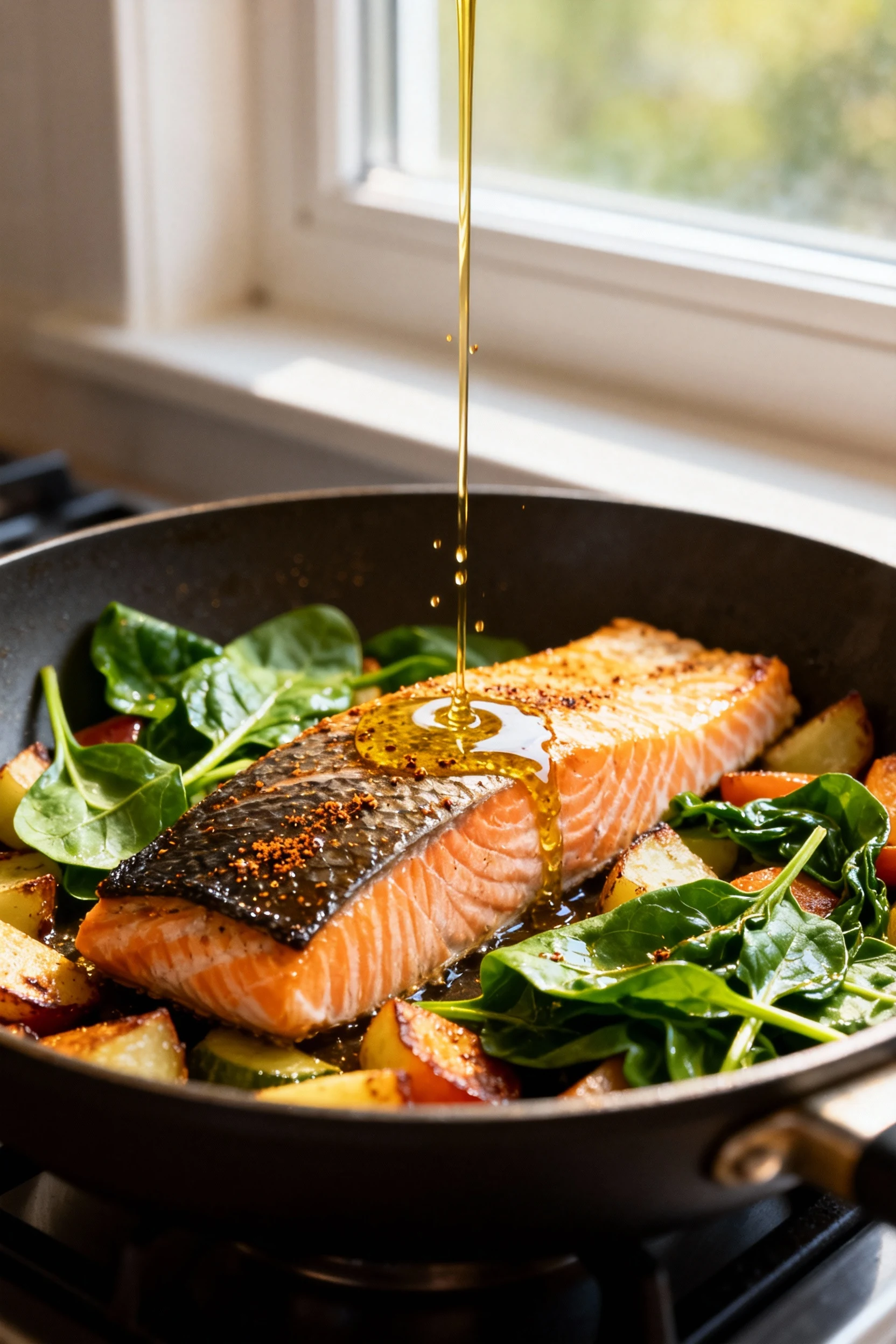 Finishing step at 45-degree angle: stream of remaining spice oil drizzled over roasted salmon and veg while baby spinach