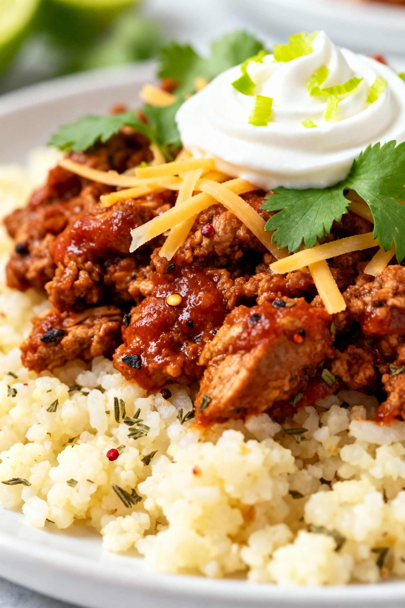 Close-up detail: glossy brick-red turkey taco meat over cauliflower rice, visible oregano and pepper flecks, melted chee