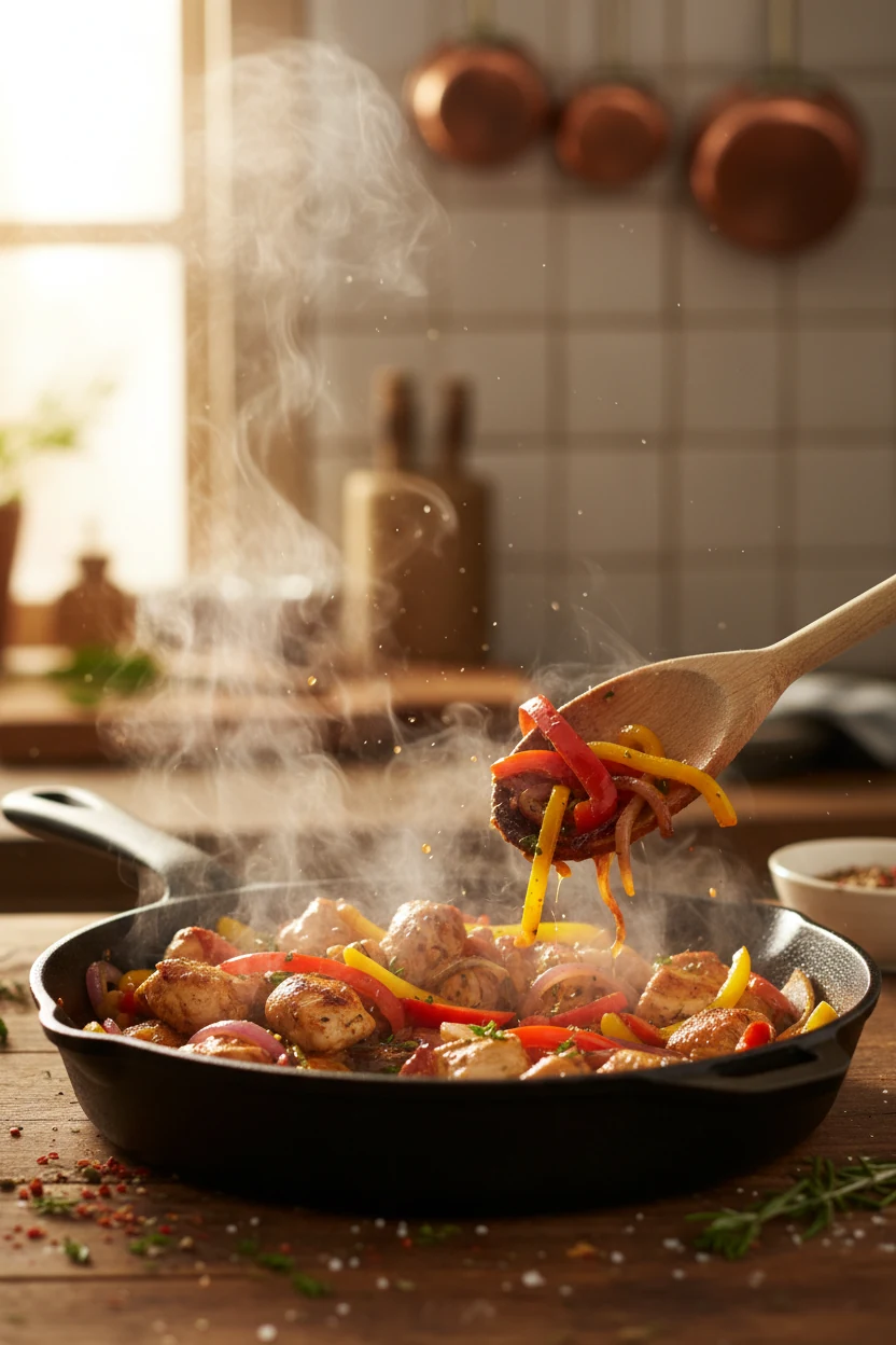 Mid-cook action shot of chicken, bell peppers, and onions being stirred together in a skillet with a wooden spoon, steam
