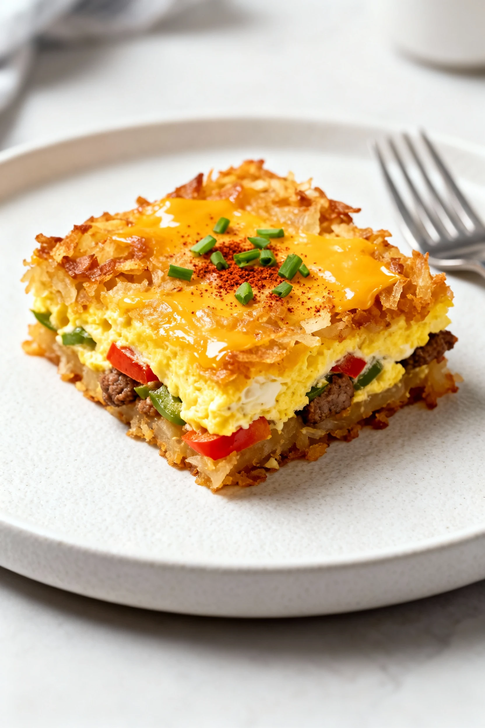 Food photography, Final plate at 45 degrees: a square of hash brown breakfast casserole on a matte white dish, crunchy t
