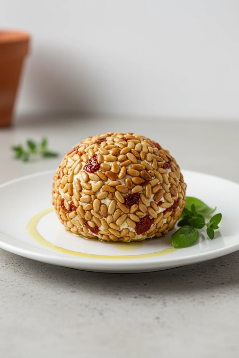 Final presentation of the Mediterranean variation cheese ball, topped with toasted pine nuts and flecks of sun-dried tom