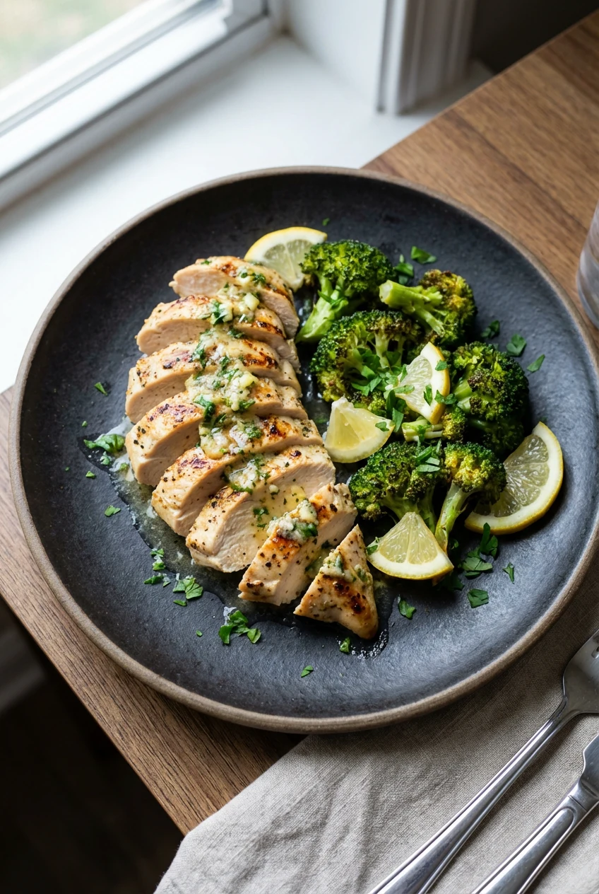 Restaurant-style presentation of keto chicken and broccoli variation with lemon-herb finish, slices of chicken arranged