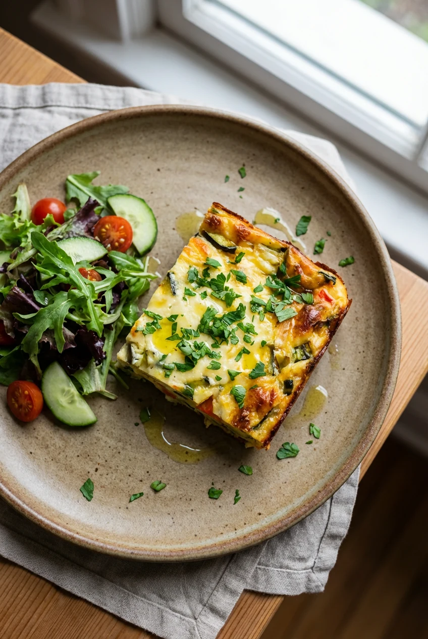 4. Top-down view of a plated casserole portion on a matte stoneware plate, garnished with fresh parsley for color contra