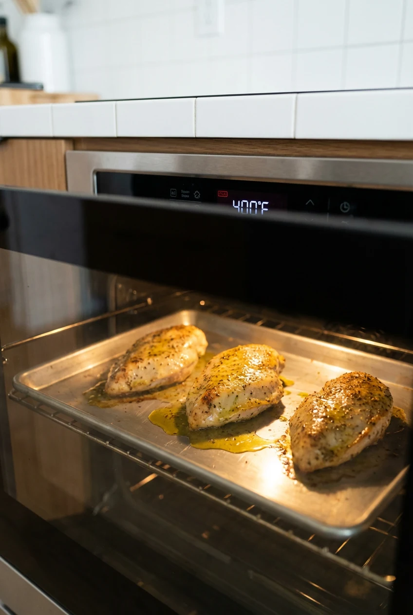 4. Mid-process shot of seasoned chicken breasts inside the oven at 400°F, golden edges forming, light reflecting off oli