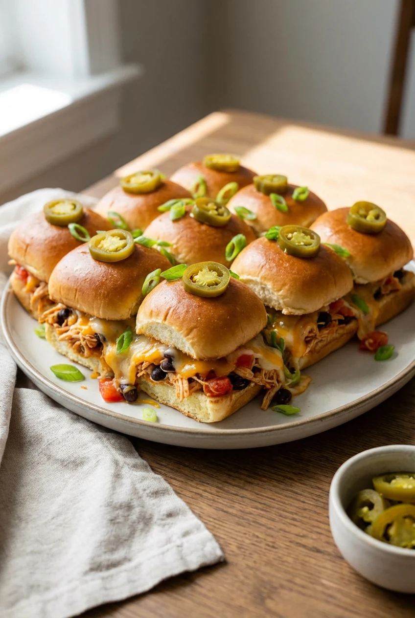 Three-quarter shot of toasted slider buns stuffed with thick shredded chicken–bean–tomato filling; melty cheese, green o