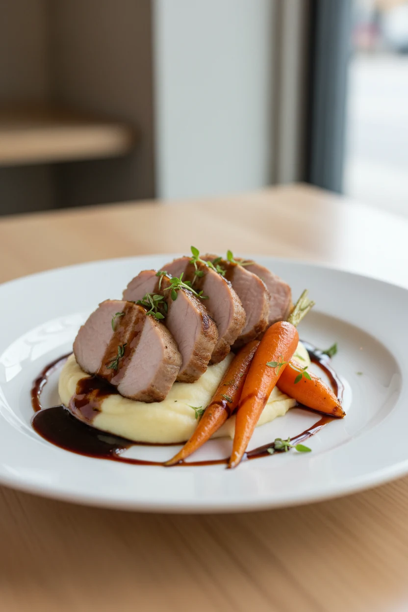 Restaurant-quality final plate at 45°: fanned pork slices over creamy mashed potatoes with roasted carrots; spooned glos