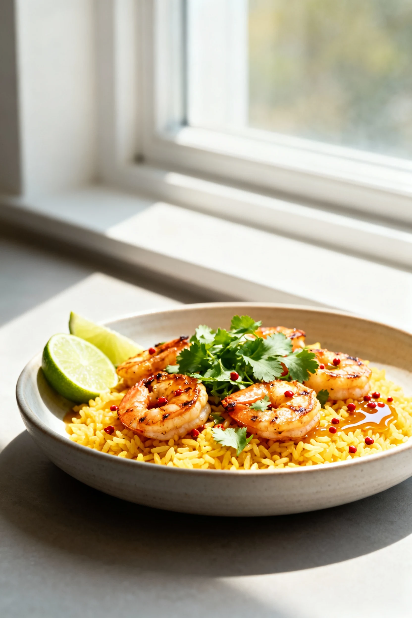 Final dish hero: beautifully plated honey-lime grilled shrimp over citrus rice, cilantro shower and lime wedges, drizzle
