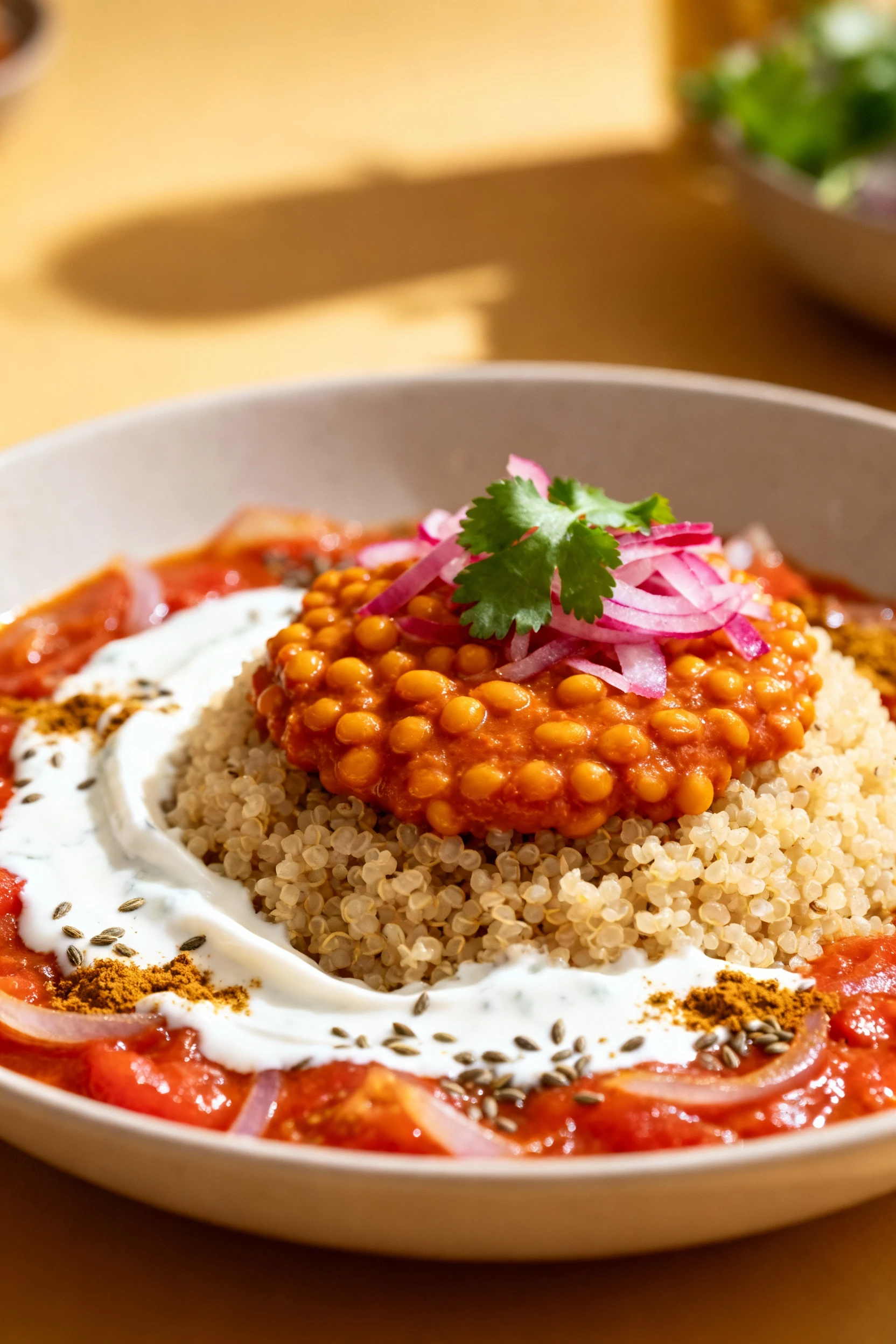 Close-up of creamy masoor dal over quinoa: silky red lentil texture with glossy tomato-onion base, swirl of yogurt raita