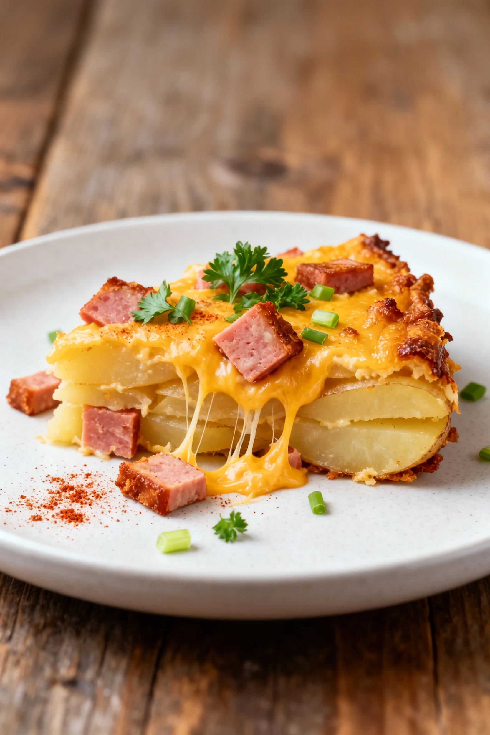 Final plated slice: Cheesy Spam Potato Casserole on a matte white plate, distinct potato layers, visible crispy Spam, go