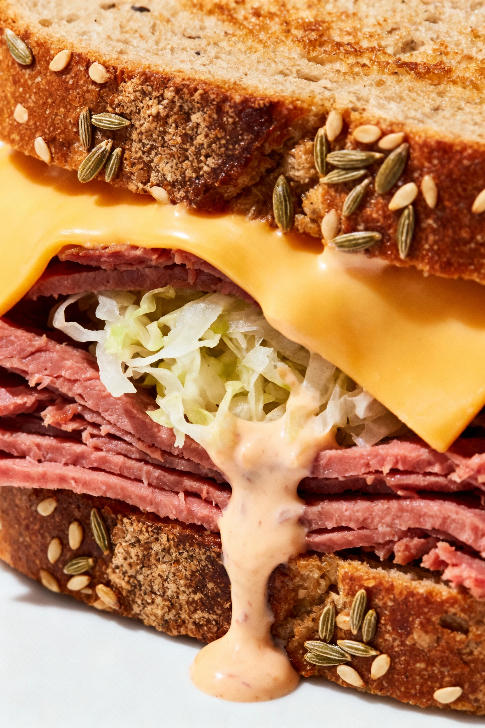 Extreme close-up of Reuben panini, toasted rye crust with caraway seeds, molten Swiss oozing over corned beef, sauerkrau