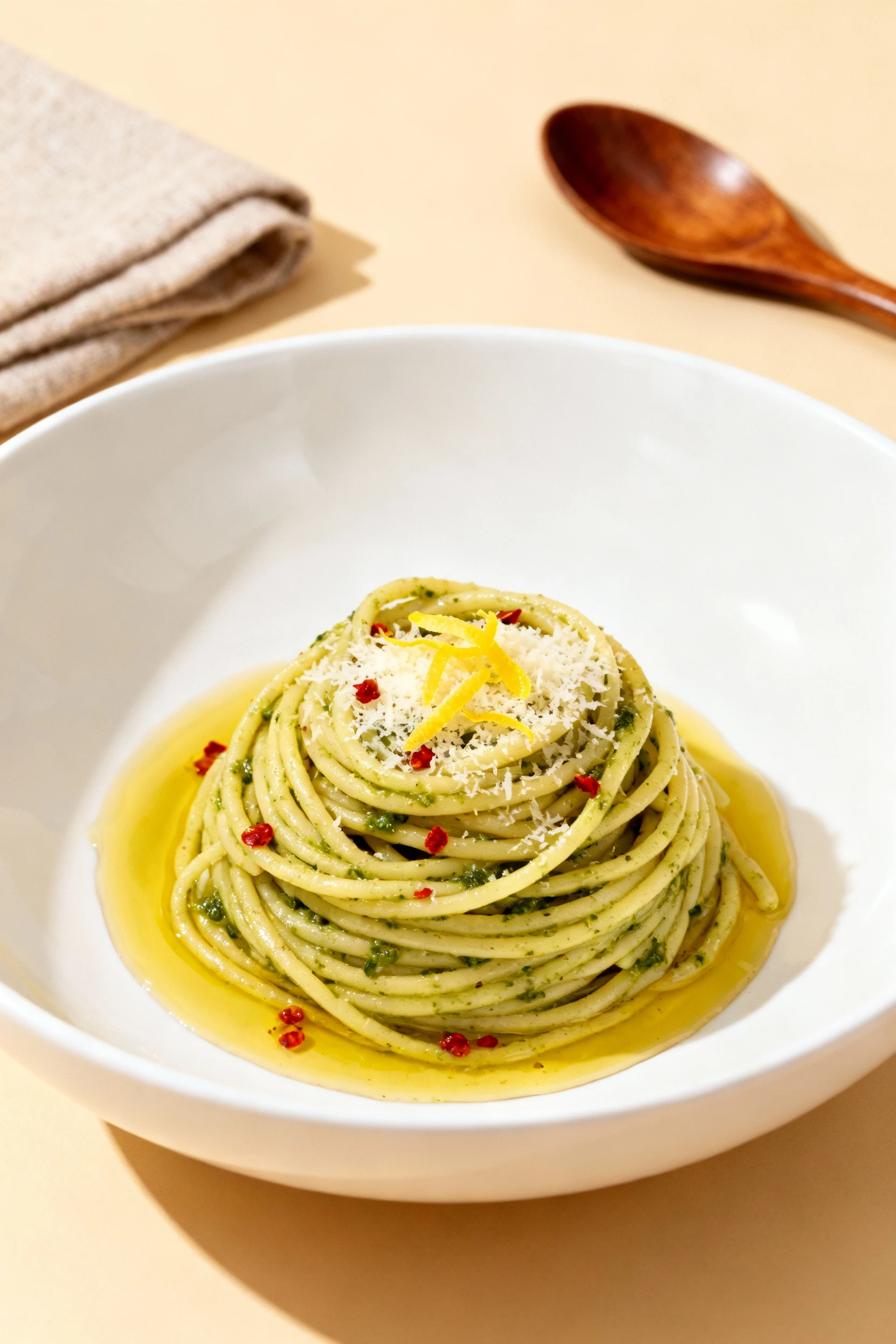 4. Restaurant-quality plating: a spaghetti twirl nestled in a shallow bowl, glossy basil-pesto sauce clinging, drizzle o