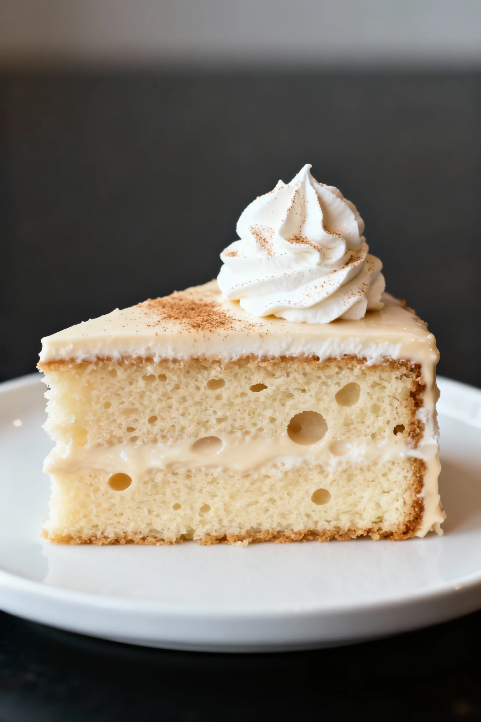 Beautifully plated slice of tres leches cake on a white plate: milk-soaked vanilla sponge with visible holes, whipped cr