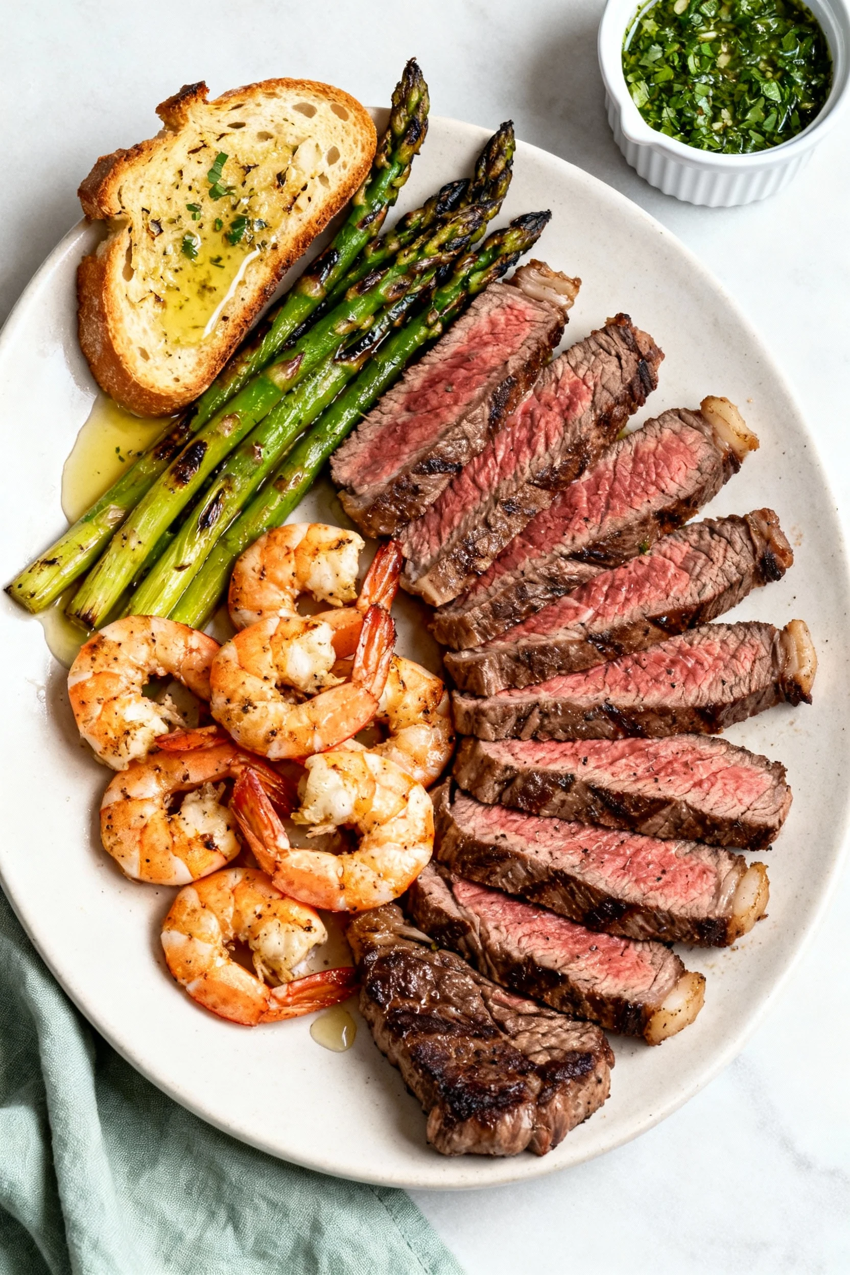 Tasty top view: overhead surf & turf platter—ribeye slices fanned, shrimp clustered, charred asparagus and garlic toast 