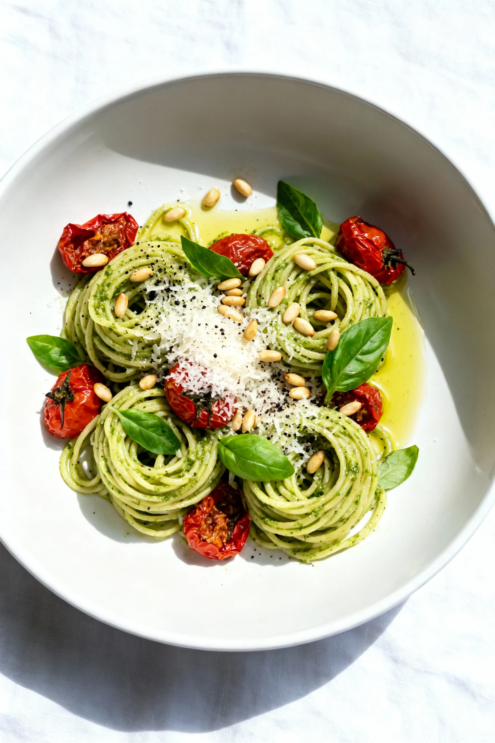 Overhead shot of basil pesto pasta with blistered tomatoes twirled into nests in a wide white bowl; topped with extra gr