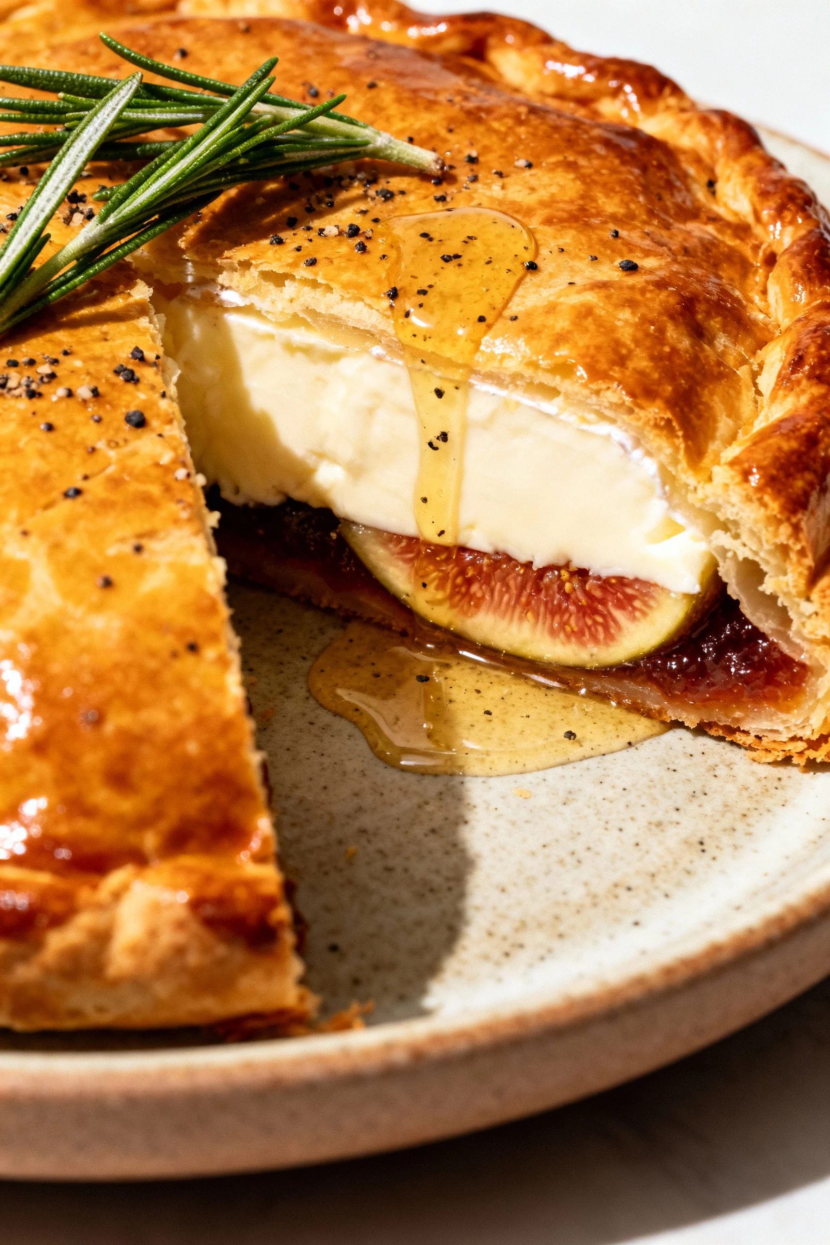 Three-quarter hero of the finished baked brie en croûte on a ceramic platter, deep golden crust crisp and glossy, first 