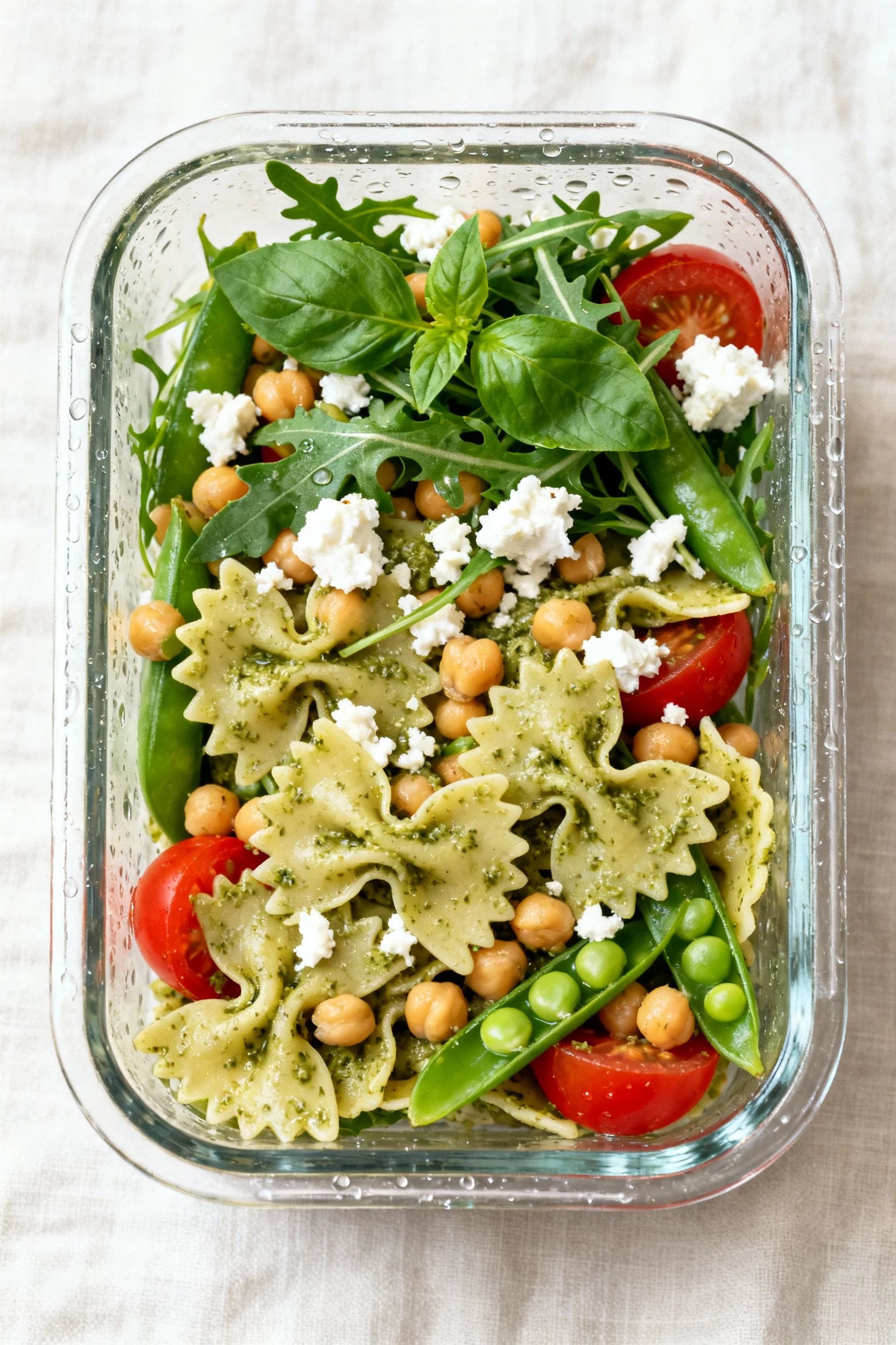Final presentation: picnic-ready pesto pasta salad packed in a chilled glass container—farfalle well coated in pesto wit