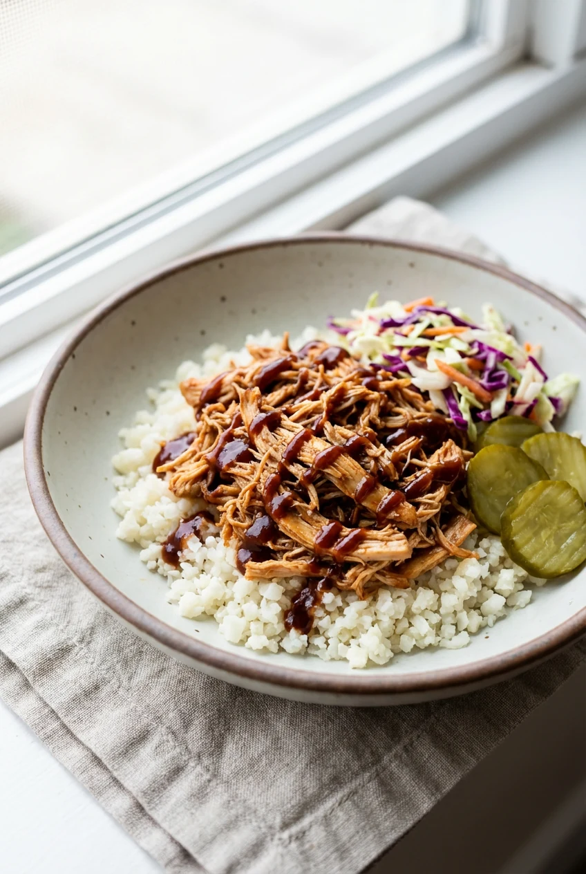Beautifully plated bowl of sugar-free BBQ pulled chicken over cauliflower rice, finished with a glossy sauce drizzle and