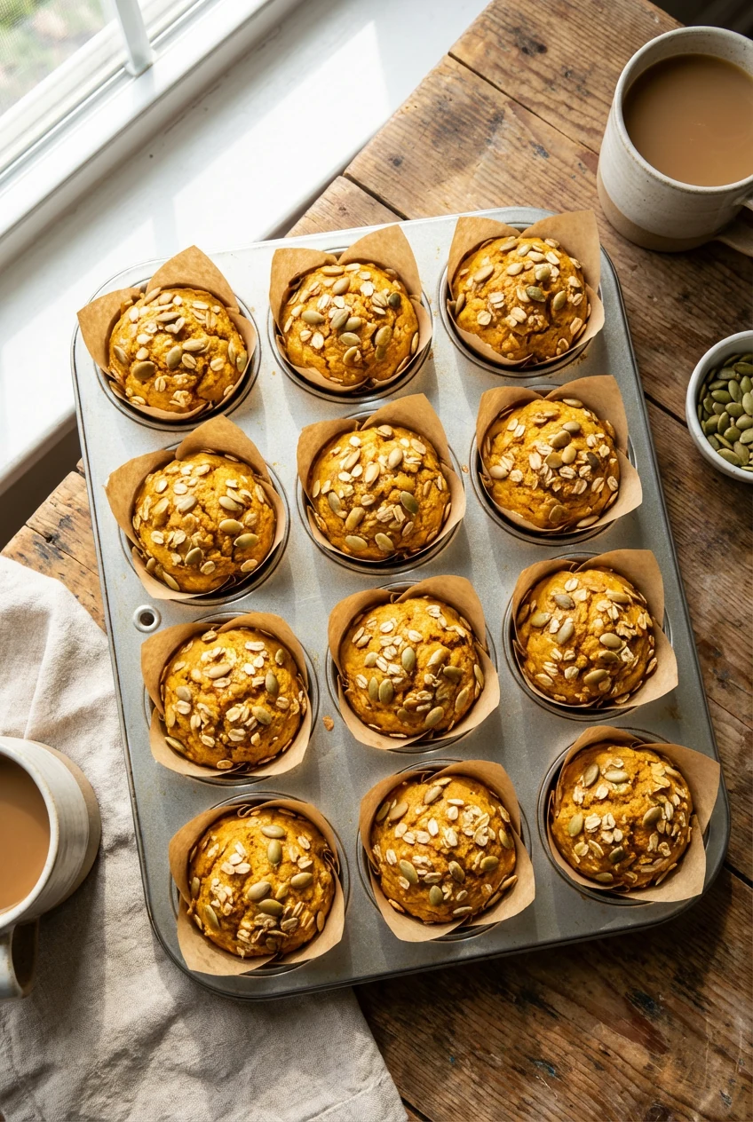 Top-down view of a muffin tin filled with Pumpkin Oat Greek Yogurt muffins, domed golden-orange tops sprinkled with pump