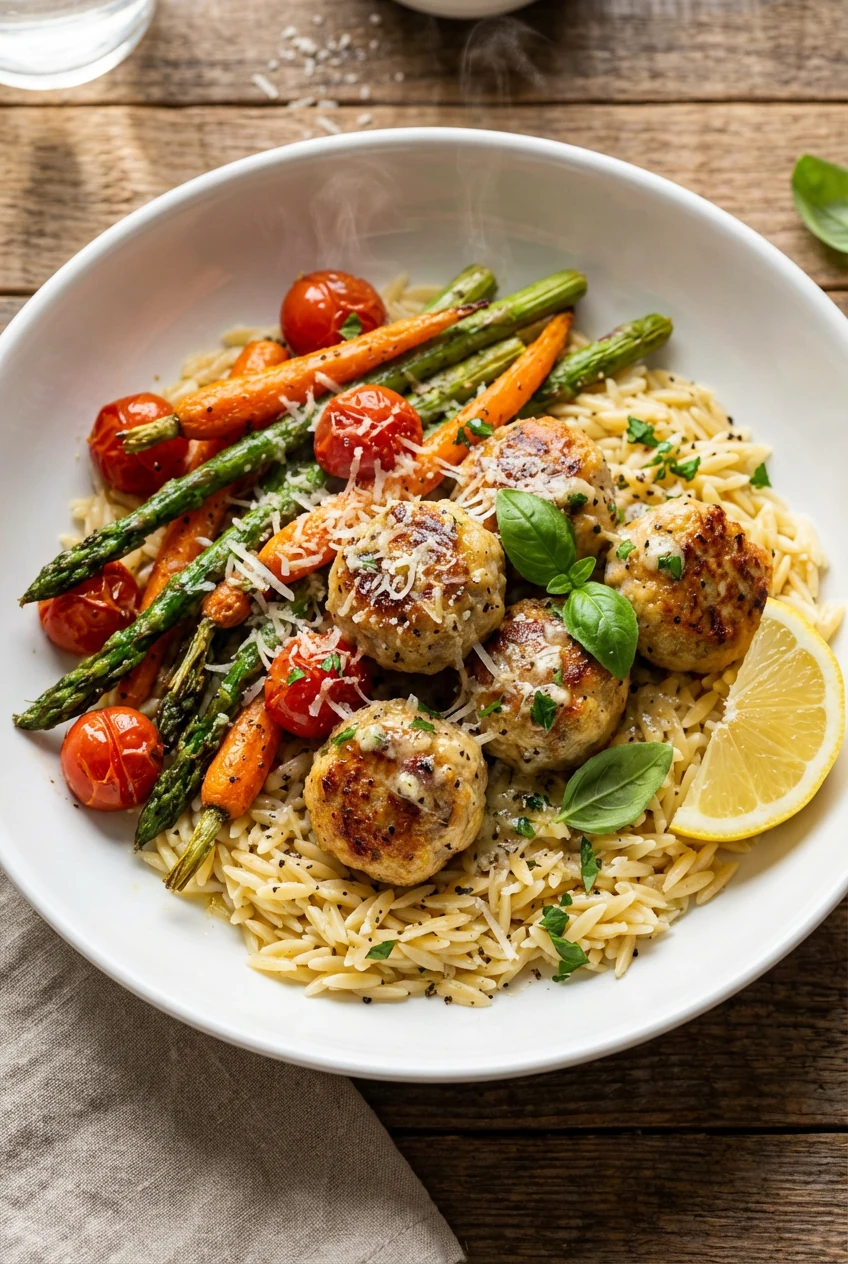 Final dish presentation: Beautifully plated garlic-parm meatballs and roasted vegetables in a wide white bowl over warm 