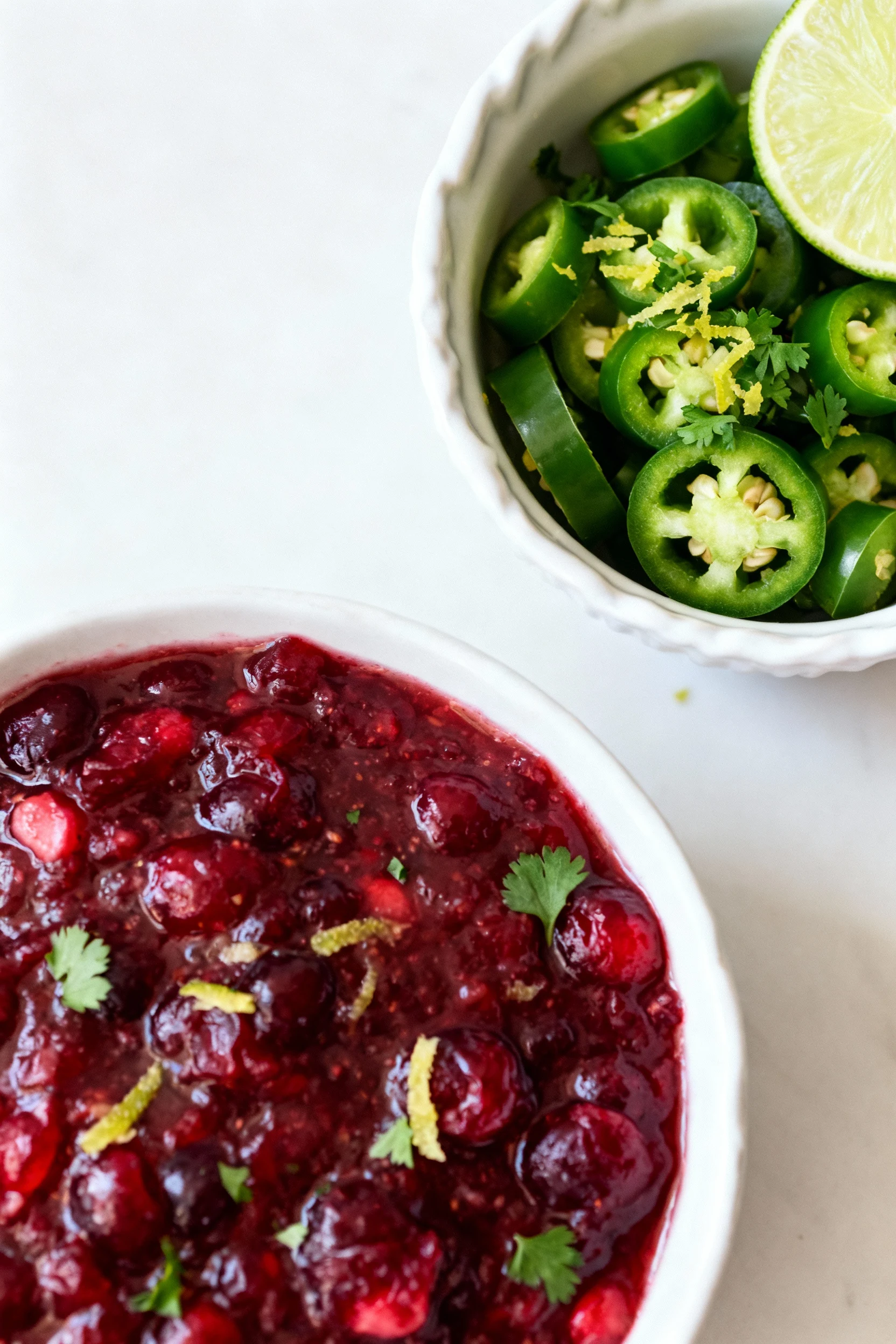 Overhead shot of a vibrant cranberry relish with chopped jalapeños, garnished with lime zest and parsley, served in a wh