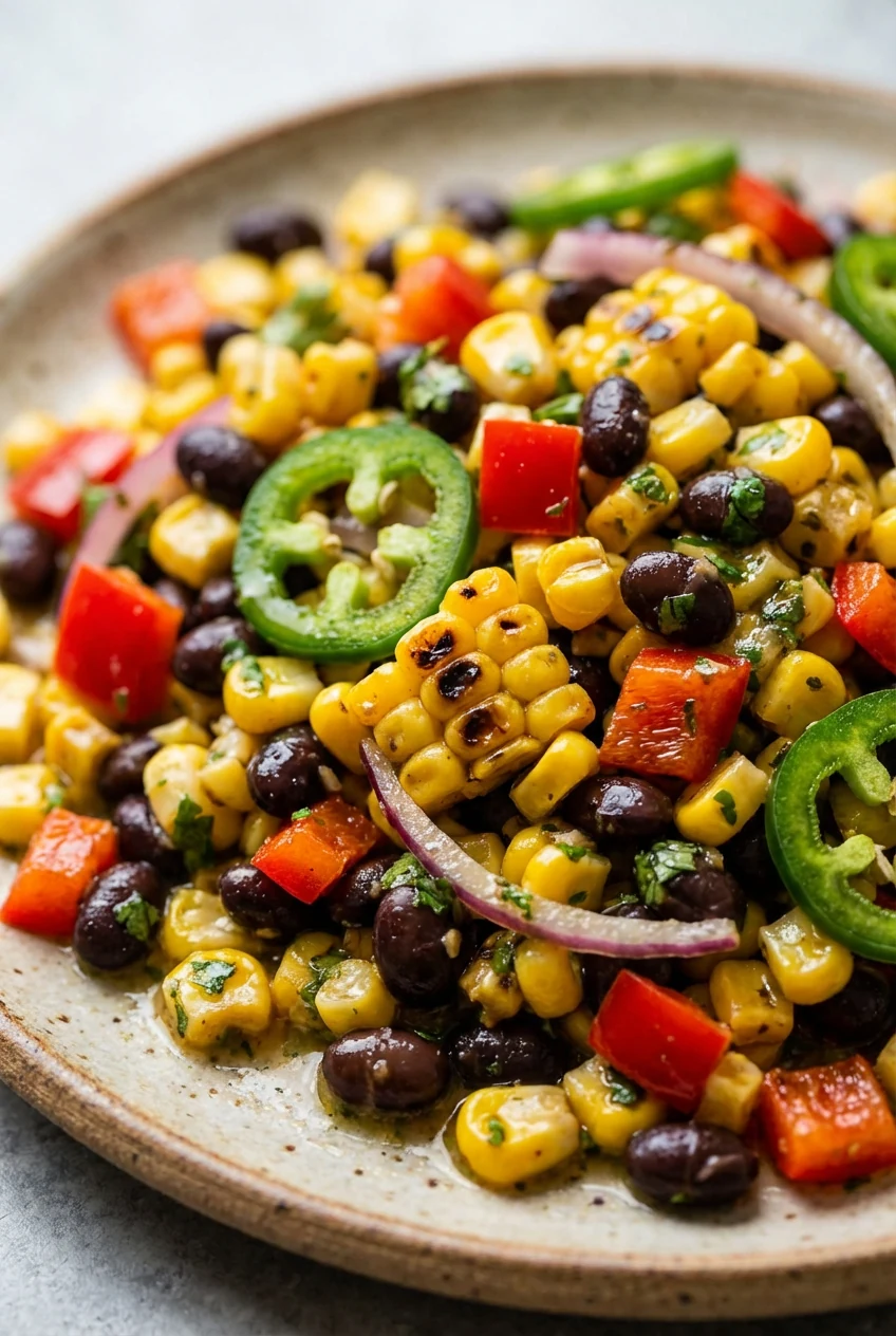 Close-up detail of the roasted-corn upgrade: smoky charred corn kernels mingling with glossy black beans, crisp red bell