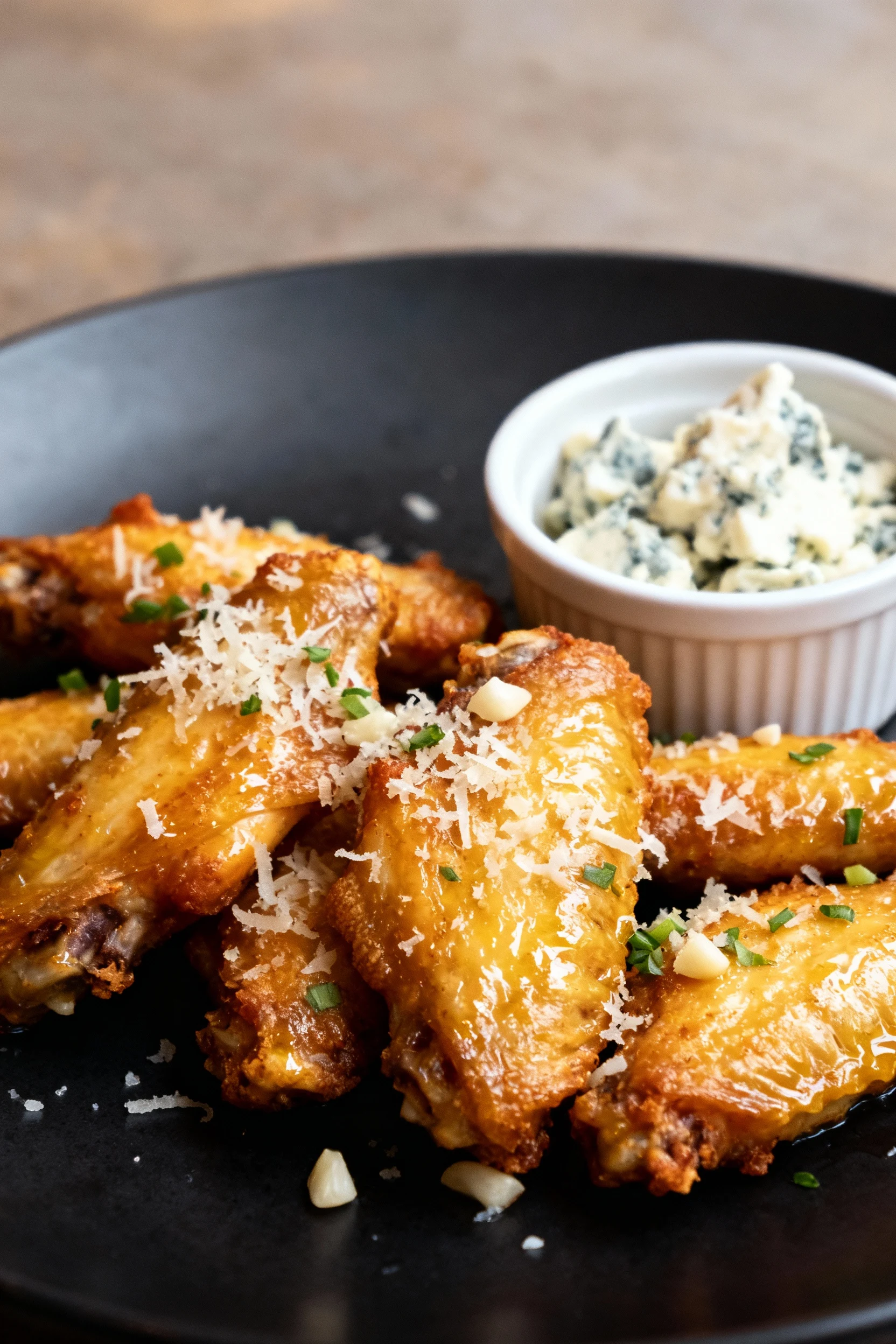 Beautifully plated garlic Parmesan wings—butter gloss, minced garlic and grated Parmesan clinging to golden skin—on a ma